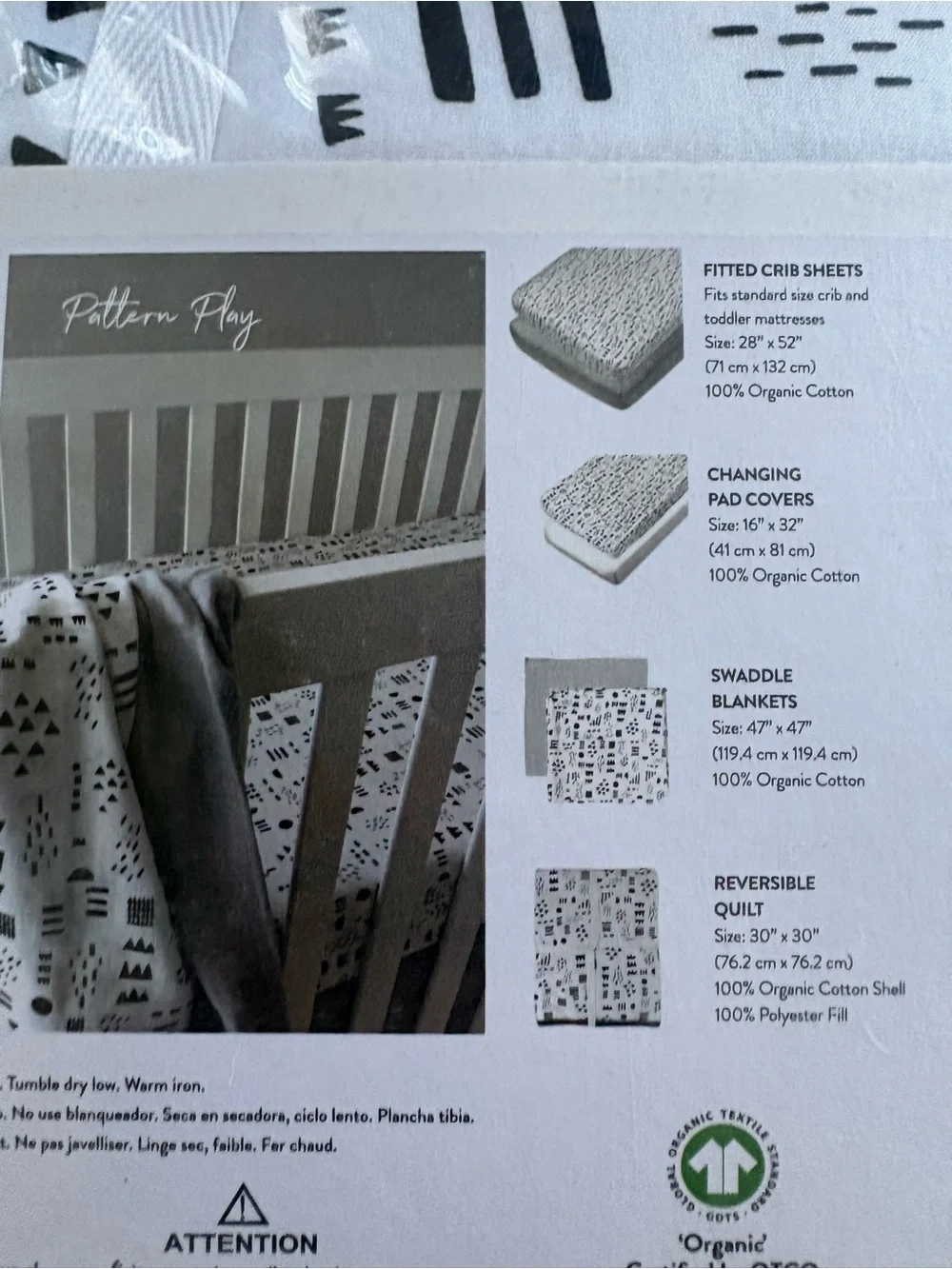 7pc SET HONEST ORGANIC COTTON White & Black Patterned Baby Bedding Set